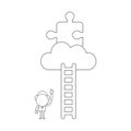 Vector businessman character pointing missing jigsaw puzzle piece on cloud to reach with wooden ladder. Black outline Royalty Free Stock Photo