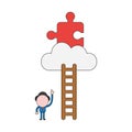 Vector businessman character pointing missing jigsaw puzzle piece on cloud to reach with wooden ladder. Color and black outlines Royalty Free Stock Photo