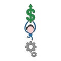 Vector businessman character running and carrying dollar arrow moving up on gears. Color and black outlines