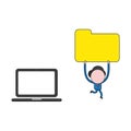 Vector businessman character running and carrying file folder from laptop computer. Color and black outlines Royalty Free Stock Photo