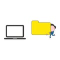 Vector businessman character running and carrying file folder to laptop computer. Color and black outlines Royalty Free Stock Photo