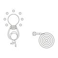 Vector businessman character running and carrying glowing light bulb to dart miss the mark on bulls eye. Black outline