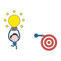 Vector businessman character running and carrying glowing light bulb to dart miss the mark on bulls eye. Color and black outlines