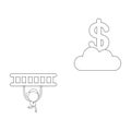 Vector businessman character running and carrying wooden ladder to reach dollar symbol on cloud. Black outline Royalty Free Stock Photo