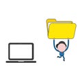 Vector businessman character running from laptop computer and carrying open file folder. Color and black outlines Royalty Free Stock Photo