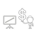 Vector businessman character with sales chart arrow moving up and holding dollar symbol. Black outline Royalty Free Stock Photo