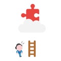 Vector businessman character with short wooden ladder and looking missing puzzle piece on cloud