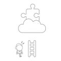 Vector businessman character with short wooden ladder and looking missing puzzle piece on cloud. Black outline