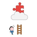 Vector businessman character with short wooden ladder and looking missing puzzle piece on cloud. Color and black outlines