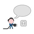 Vector businessman character with speech bubble, walking and holding plug to plugged into outlet. Color and black outlines Royalty Free Stock Photo