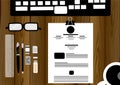 Vector Businessman with glasses, pen, pencil, eraser desktop keyboard rulers, paper clips flat design