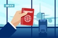 Vector of a businessman hand holding a passport waiting for his flight inside an airport