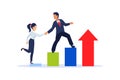 Vector of a businessman helping a businesswoman climb up a growing financial chart stairs of financial success