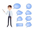 Vector Businessman with a Pointer in His Hand, Talk Bubbles Collection, Blank Frames Set. Royalty Free Stock Photo