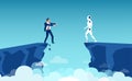 Vector of a business man about to fall of a cliff and a robot looking at him from the other side