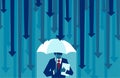 Vector of a businessman with umbrella resisting protecting himself from falling arrows