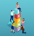 Vector of businesspeople building a brand word from cubic blocks