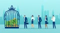 Vector of businesspeople staying in line to get a credit, money locked in birdcage