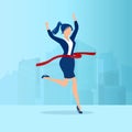 Vector of a business woman crossing finish line on a cityscape background Royalty Free Stock Photo
