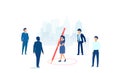 Vector of a business woman keeping distance away from a group of businessmen by drawing a circle around her