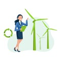 Vector of a businesswoman offering green energy solution wind mills