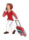 Vector of businesswoman talking on phone while pulling luggage