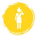 Vector businesswoman white silhouette in yellow circle frame. Lady dressed formally talking on phone