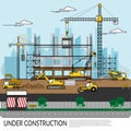 Vector of busy construction site with workers , truck , crane and heavy equipment working on building structure with city view at