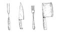 Vector Butcher set of knifes and forks. Graphic ink kitchen tool, Large sharp cleaver illustration, isolated on Royalty Free Stock Photo