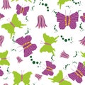 Vector butterfly and flower pattern, green and lila butterfly, blossom. Repeating pattern, Royalty Free Stock Photo