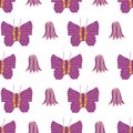Vector butterfly and flower pattern, lila butterfly and harebell blossom. Repeating pattern,