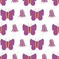 Vector butterfly and flower pattern, lila butterfly and harebell blossom. Repeating pattern, Royalty Free Stock Photo