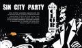 Vector BW Illustration. Template flyers. Sin City party. A man with a gun