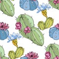 Vector Cacti flower. Green and blue engraved ink art. Seamless background pattern. Fabric wallpaper print texture. Royalty Free Stock Photo