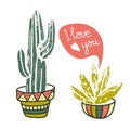 Vector Cactus hand-drawn poster. Grunge silhouette print linocuts. Cacti with dialogues.