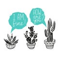 Vector Cactus hand-drawn poster. Grunge silhouette print linocuts.