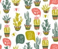 Vector Cactus hand-drawn seamless pattern. Grunge silhouette print linocuts with dialogues.