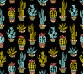 Vector Cactus hand-drawn seamless pattern. Grunge silhouette print linocuts.