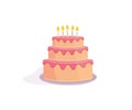 Vector cake with candles and cream illustration. Happy birthday wish card design element.