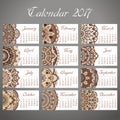 Vector calendar 2017 with decoraive elements. Vector mandala design. Template can be used for web and print design.