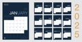 vector Calendar 2025 new year planner set 12 month in clean minimal table simple design style and navy blue color,vertical holiday