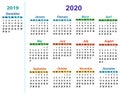 Calendar 2020 with one month 2019 december