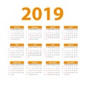 Vector Calendar 2019. orange. Week starts on Sunday. English calender. New year. Color simple design Royalty Free Stock Photo