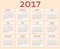 Vector calendar 2017 year. Week starts with sunday Royalty Free Stock Photo