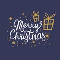 Vector calligraphy with Merry Christmas with gift boxes