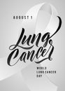 Vector Calligraphy Poster. Grey White Awareness Ribbons of Lung Cancer Vector illustration. World Lung Cancer Day August