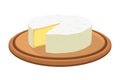 Vector camembert cheese on plate. Slice, chunk on wooden tray. Cartoon flat style