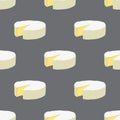 Vector camembert cheese seamless pattern. Slice, chunk in cartoon flat style