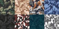 Vector Camo Seamless Texture Set. Military Camouflage Collection. Repeats Seamless Army, Hunting Green, Brown, Blue Royalty Free Stock Photo