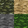 Vector camouflage avia seamless pattern set. Military camo endless texture from jet, aircraft, helicopter, plane, biplane Royalty Free Stock Photo